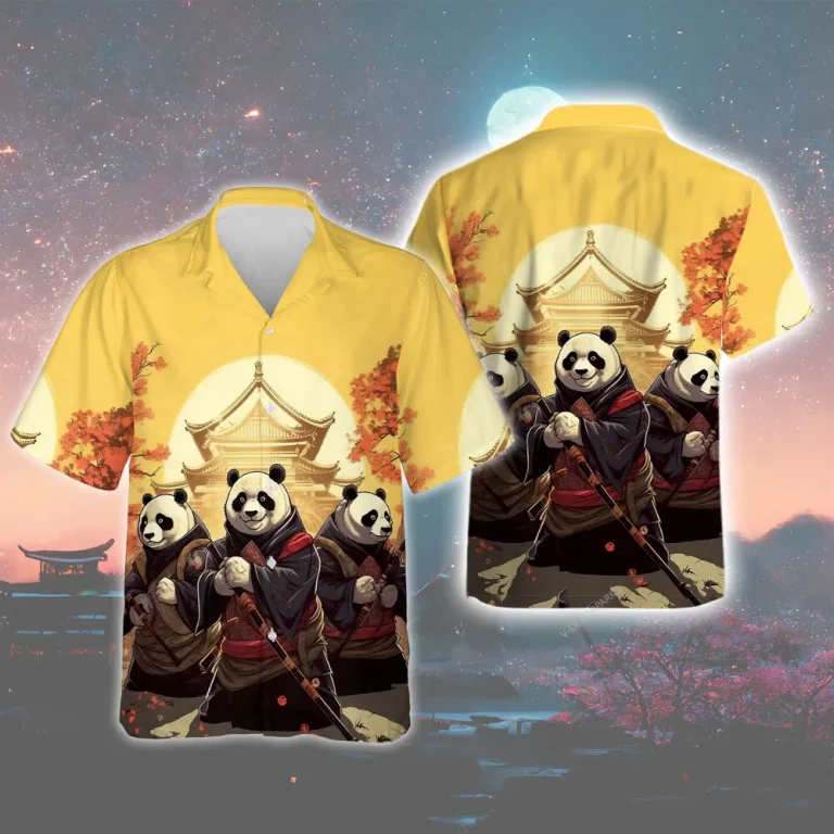 Martial Art Pandas Men's Hawaiian Shirt, Chinese Panda Lover Casual Shirt, Sunset Ancient Castle Printed Aloha Button-down Short Sleeves