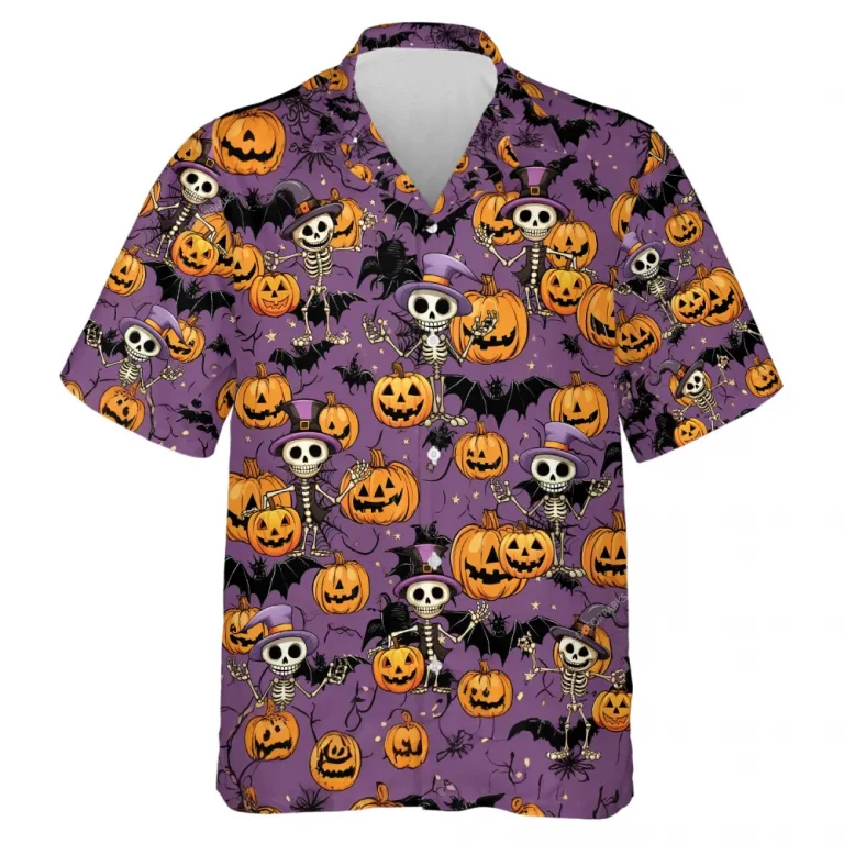 Magical Skeleton Unisex Hawaiian Shirt, Wicked Pumpkin Smiling And Flying Bats Aloha Beach Button-down Shirts, Spooky Halloween Clothing