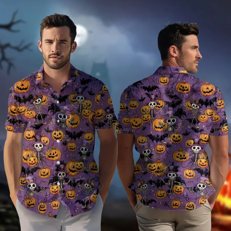 Magical Skeleton Unisex Hawaiian Shirt, Wicked Pumpkin Smiling And Flying Bats Aloha Beach Button-down Shirts, Spooky Halloween Clothing