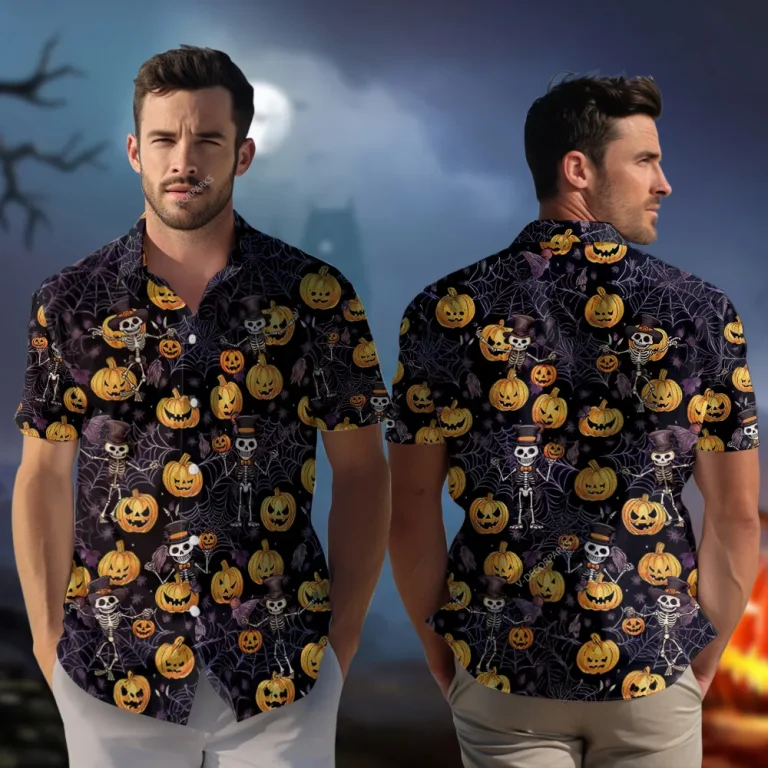 Funny Magician Skeleton Hawaiian Shirt For Men And Women, Wicked Pumpkin In Spider Web Aloha Beach Button-down Shirts, Halloween Vibe