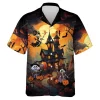 Skeleton Witch With Candled Pumpkin Unisex Hawaiian Shirt, Spooky Castle Halloween Aloha Beach Button-down Shirt, Flying Sorcerer Printed Clothing