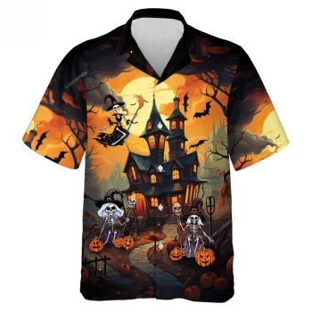 Skeleton Witch With Candled Pumpkin Unisex Hawaiian Shirt, Spooky Castle Halloween Aloha Beach Button-down Shirt, Flying Sorcerer Printed Clothing