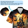 Skeleton Witch With Candled Pumpkin Unisex Hawaiian Shirt, Spooky Castle Halloween Aloha Beach Button-down Shirt, Flying Sorcerer Printed Clothing