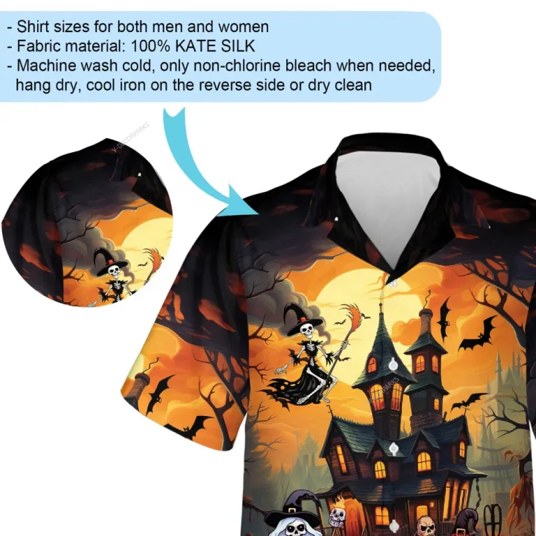 Skeleton Witch With Candled Pumpkin Unisex Hawaiian Shirt, Spooky Castle Halloween Aloha Beach Button-down Shirt, Flying Sorcerer Printed Clothing