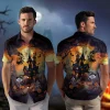 Skeleton Witch With Candled Pumpkin Unisex Hawaiian Shirt, Spooky Castle Halloween Aloha Beach Button-down Shirt, Flying Sorcerer Printed Clothing