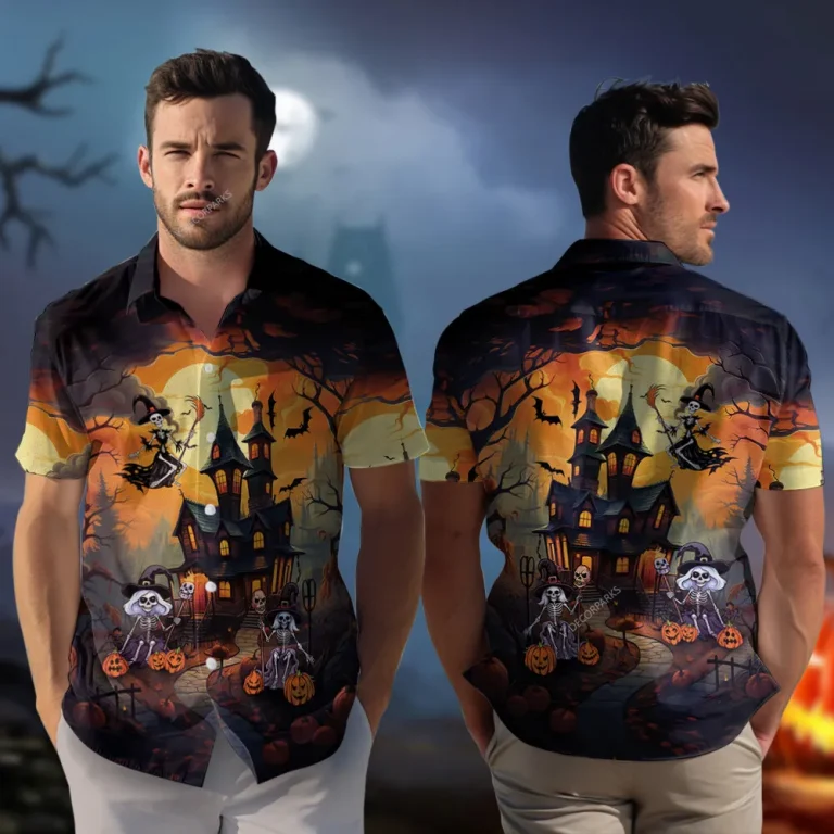 Skeleton Witch With Candled Pumpkin Unisex Hawaiian Shirt, Spooky Castle Halloween Aloha Beach Button-down Shirt, Flying Sorcerer Printed Clothing