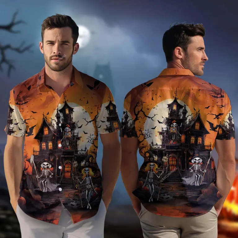 Witch Corpse Halloween Hawaiian Shirt, Creepy House Halloween Aloha Beach Button-down Shirts, Scary Dark Forest With Bats Patterned Top