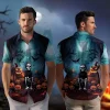 Lonely Skeleton Men Hawaiian Shirt, Ghost Halloween Night Aloha Shirts, Spooky Pumpkin Forest Printed Button-down Shirt, Family Party Clothing