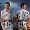 Creepy Skeleton Family Unisex Hawaiian Shirt, Halloween Day Casual Aloha Beach Button-down Shirt, Spooky White Forest Patterned Clothing