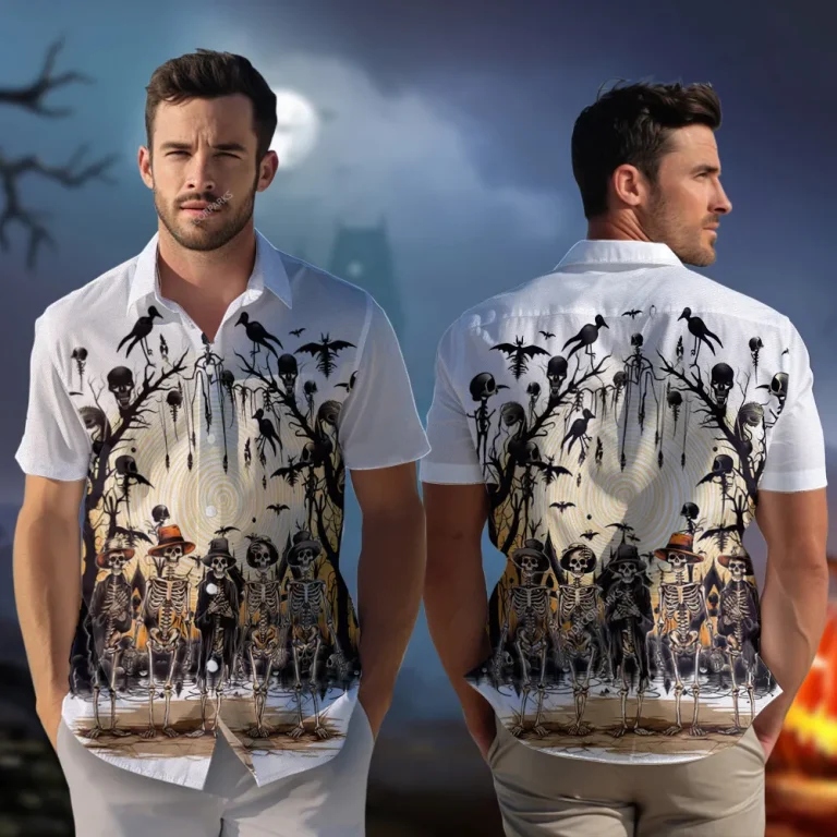 Magician's Skeleton Unisex Hawaii Shirt, Halloween Skull Forest Aloha Shirt, Spooky Bone Inspired Design, Men's Casual Top, Family Wear