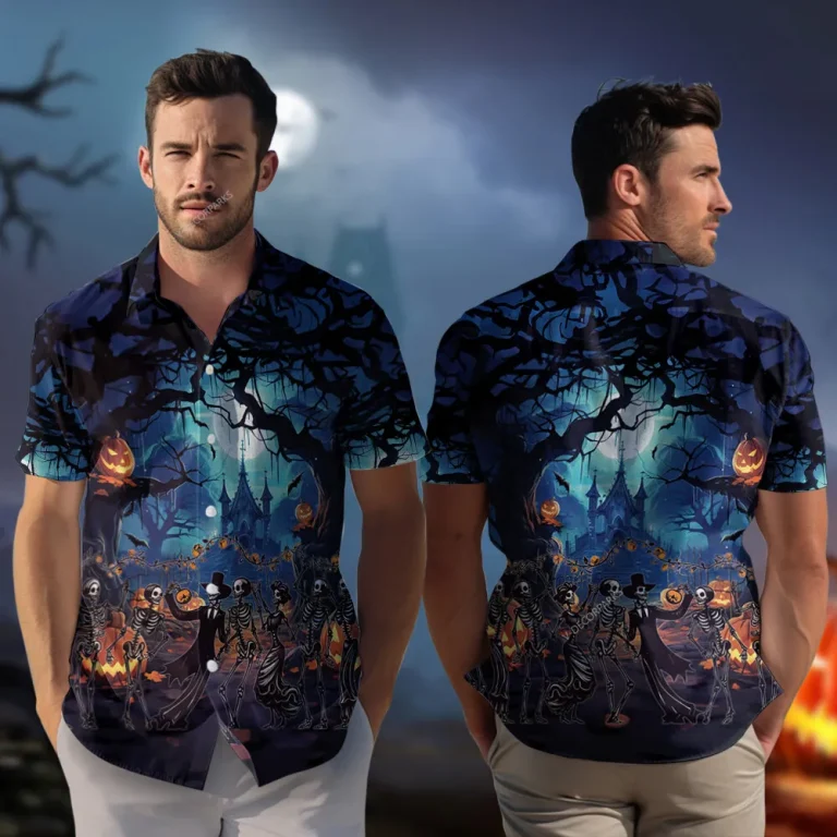 Creepy Corpse Wedding Hawaiian Shirt For Men Women, Sculptured Pumpkin Lantern Halloween Aloha Shirts, Halloween Party Button-down Top