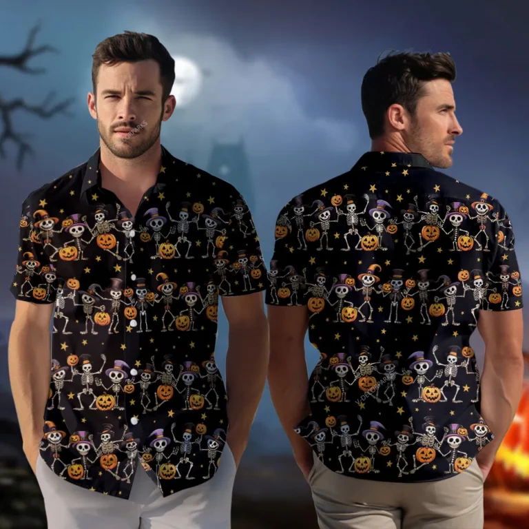 Wicked Magician And Witch Skeleton Hawaiian Shirt For Men And Women, Wicked Pumpkin Lantern Aloha Beach Button-down Shirts, Halloween Vibe Top