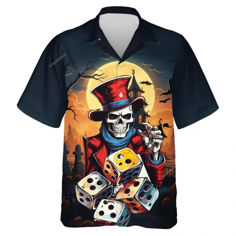 Gambler's Skeleton Halloween Men's Hawaiian Shirt, Ghost Rolling Dices Aloha Beach Shirts, Spooky Cross Tomb Printed Top, Creepy Clothing