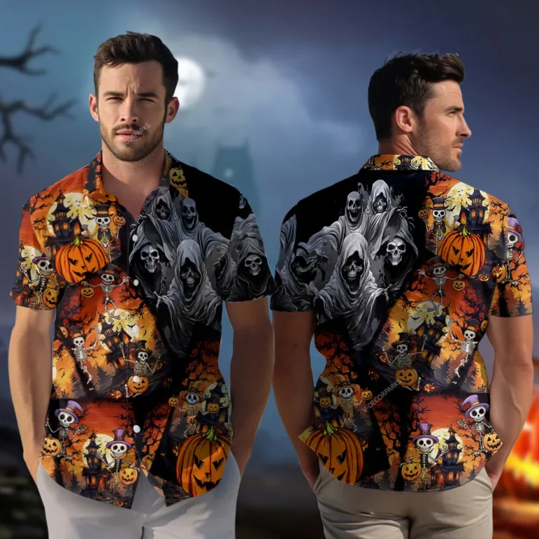 Good Vs. Bad Spirit Unisex Hawaiian Shirt, Halloween Skeleton Aloha Shirts, Creepy Pumpkin Faces Beach Button-down Printed Top