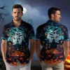 Skeleton Dinner Gathering Hawaiian Shirt, Scary Forest Halloween Night Aloha Beach Button Down Shirts, Romantic Meal For Family Printed Clothing