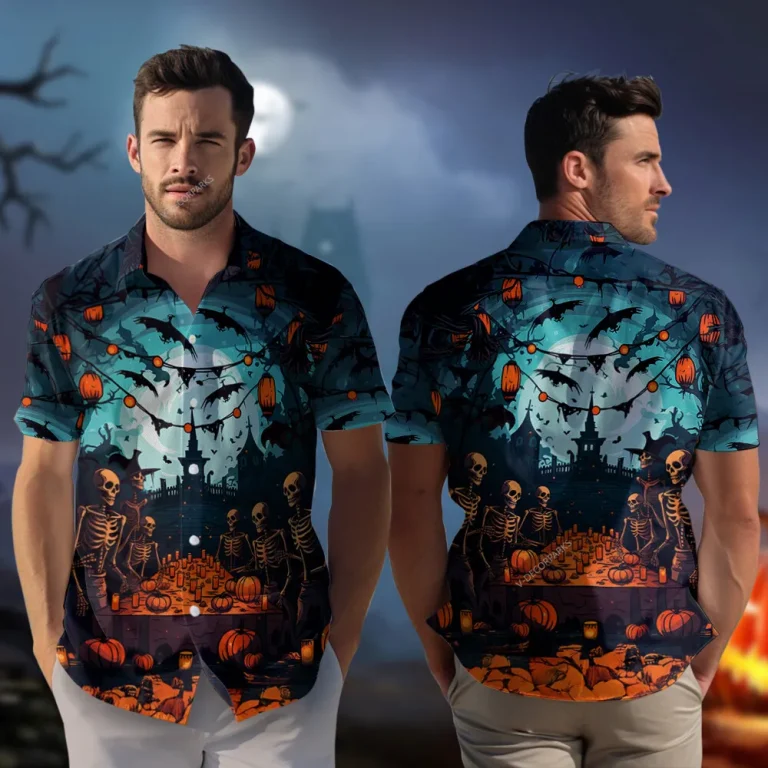 Skeleton Dinner Gathering Hawaiian Shirt, Scary Forest Halloween Night Aloha Beach Button Down Shirts, Romantic Meal For Family Printed Clothing