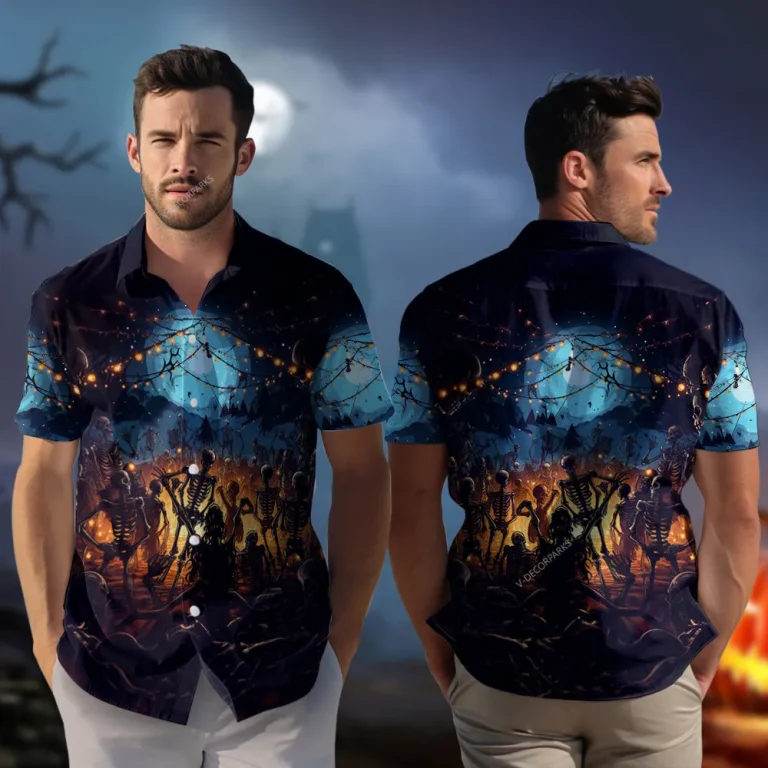 Hell's Halloween Party Unisex Hawaiian Shirt, Brightful Night Aloha Shirt, Forest Spirits Patterned Hawaii Clothing, Moon For The Night Printed Top