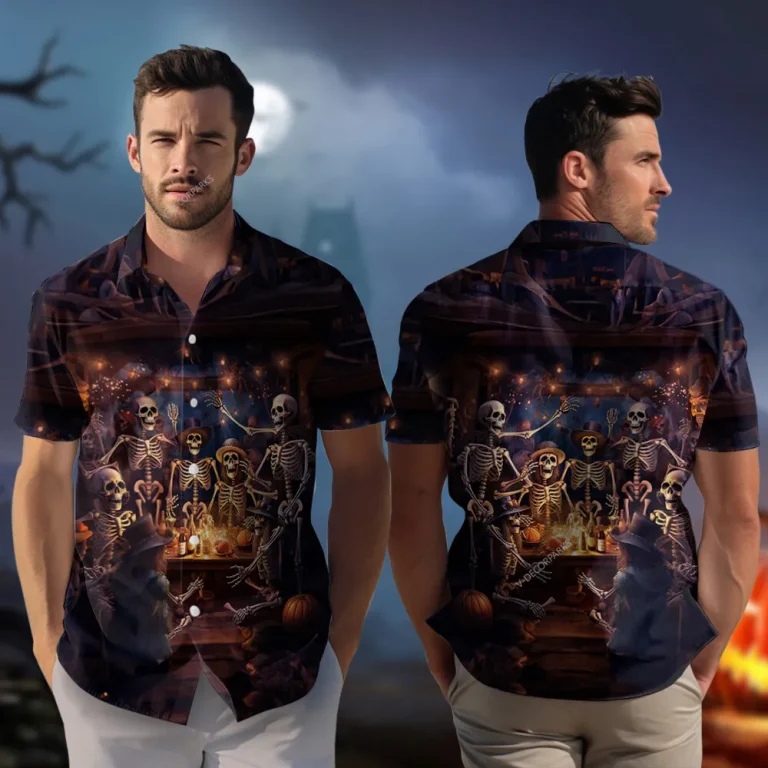 Skeleton Night Meal Men Hawaiian Shirt, Scary Halloween Hell Aloha Clothing, Spooky Candled Pumpkin Patterned Shirts, Family Party Printed Wear