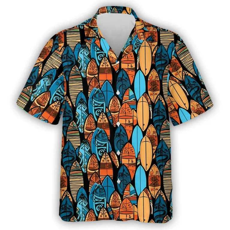 Vibrant Surfboards Pattern Unisex Hawaiian Shirt, Tropical Tiki Summer Aloha Button-down Shirt, Surfing Wave Lover Gift, Casual Men's Wear