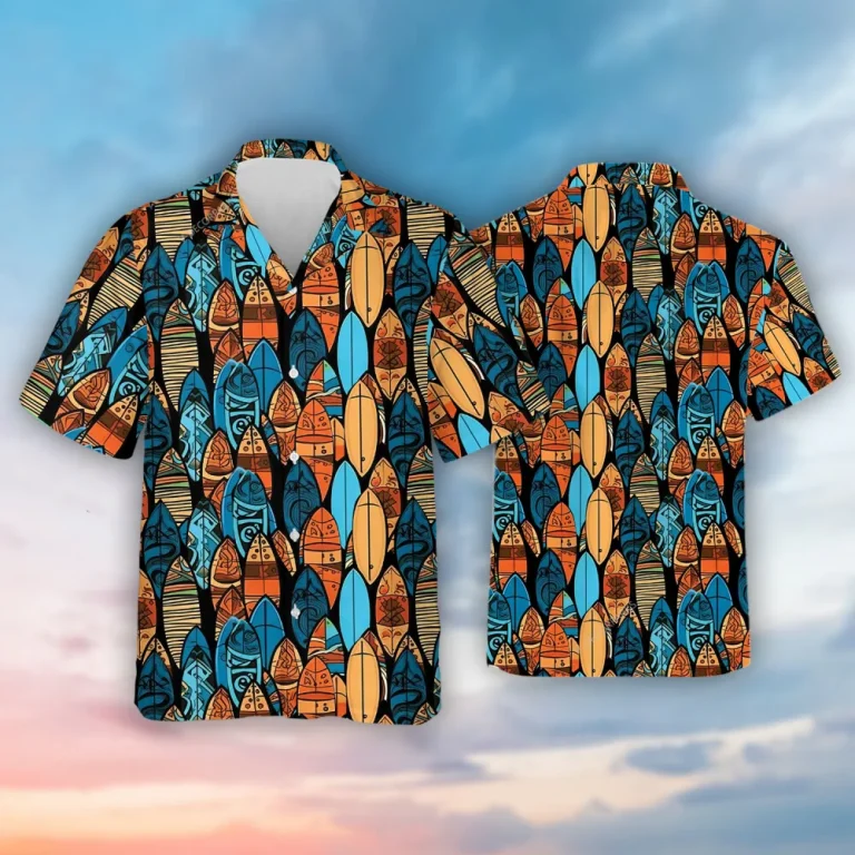 Vibrant Surfboards Pattern Unisex Hawaiian Shirt, Tropical Tiki Summer Aloha Button-down Shirt, Surfing Wave Lover Gift, Casual Men's Wear