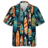 Colorful Surfing Boards Men's Hawaiian Shirt, Beach Sport Aloha Button Down Shirts, Surfboards Shop Printed Clothing, Casual Clothing For Everyone