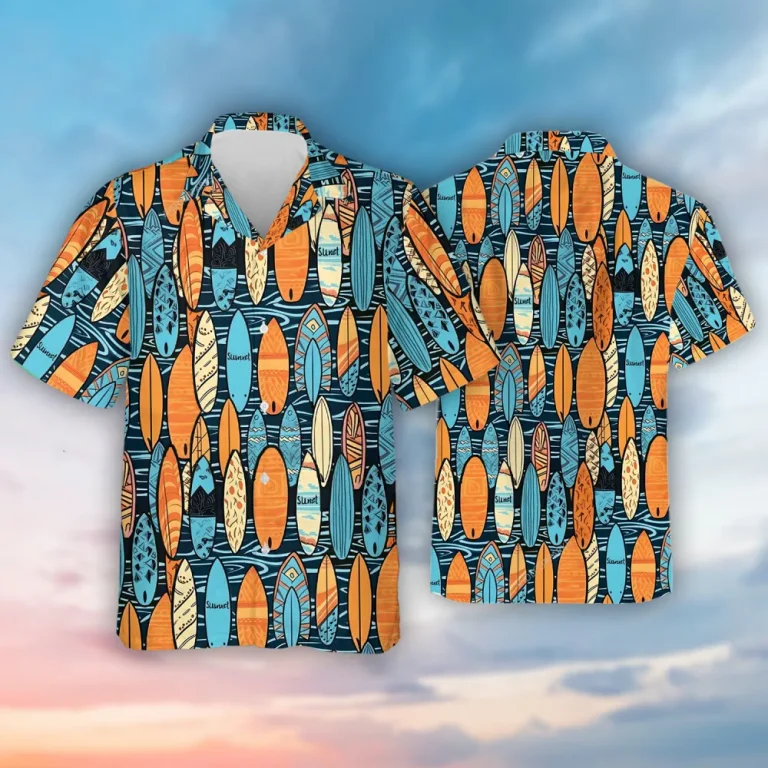 Blue And Orange Surfboard Beach Men Hawaiian Shirt, Summer Aloha Beach Button Down Shirts, Summer Party Printed Clothing, Sea Sport Vibe Top