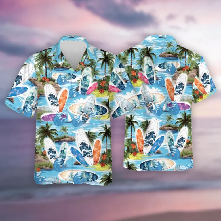 Surfboards And The Sea Hawaiian Shirt For Everyone, Vibrant Tropical Island Aloha Shirt, Vintage Beach Printed Top, Family Trip Clothing