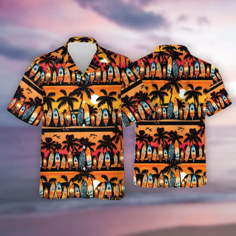 Sunny Beach With Surfboards Men Hawaiian Shirt, Dreamy Tropical Sunset Aloha Beach Button-down Shirt, Ocean Lover Printed Clothing