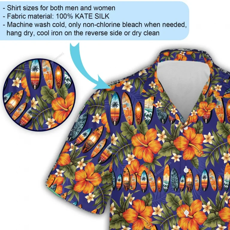 Surfing Board Within Hibiscus Hawaiian Shirt For Men And Women, Tropical Flowers Printed Aloha Shirts, Casual Button-down Clothing, Unisex Top