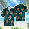 Fierce Tiger Face Unisex Hawaiian Shirt, Tropical Leaves Aloha Beach Shirt, Wild Animal Lover Printed Clothing, Nature Pattern Top