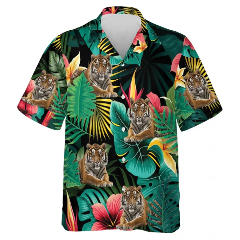 Original Striped Tiger Men Hawaiian Shirt, Tropical Hibiscus Flower And Leaves Summer Beach Button Down, Aloha Family Shirts, Casual Wear