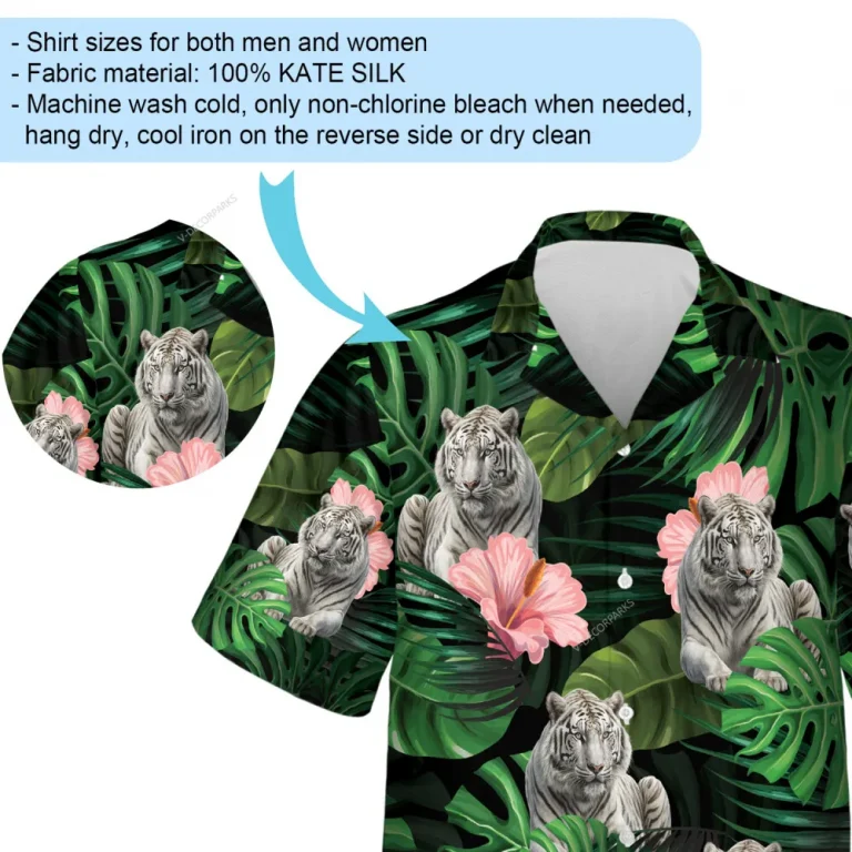 Rare White Tiger Unisex Hawaii Shirt, Tropical Summer Forest Aloha Beach Button Down Shirts, Leaves Pattern Top, Forest Printed Clothing