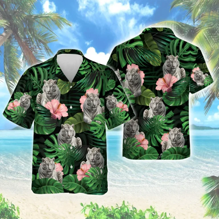 Rare White Tiger Unisex Hawaii Shirt, Tropical Summer Forest Aloha Beach Button Down Shirts, Leaves Pattern Top, Forest Printed Clothing