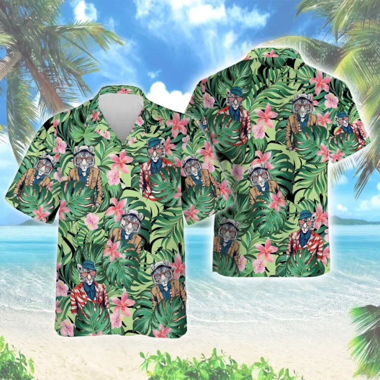 Impersonated Tiger Unisex Hawaiian Shirt, Tropical Forest Aloha Beach Button Down Shirt, Hibiscus Pattern Hawaii Clothing, Family Wear