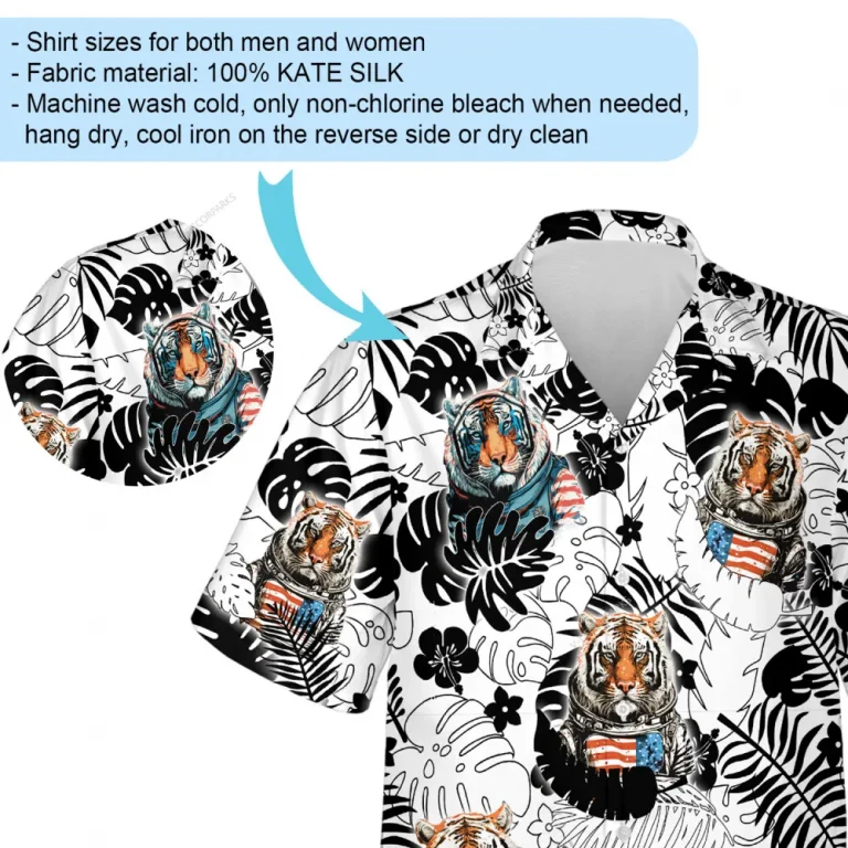 Monogram Background With Astronaut Tiger Men Hawaiian Shirt, Us Flag Sign Aloha Shirt, Casual V-neck Button Down Top, Party Clothing