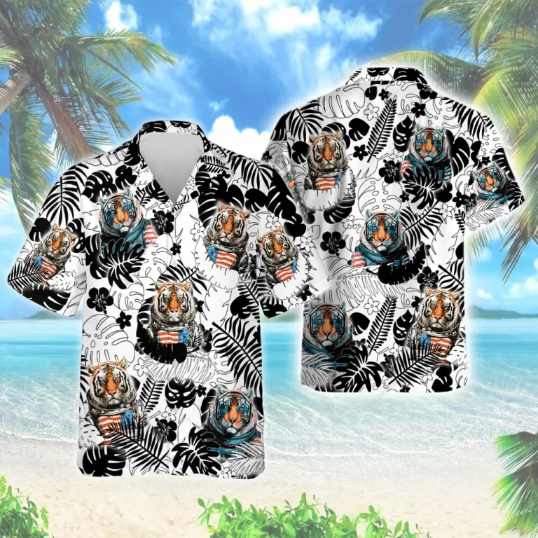 Monogram Background With Astronaut Tiger Men Hawaiian Shirt, Us Flag Sign Aloha Shirt, Casual V-neck Button Down Top, Party Clothing