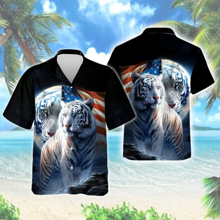 Tiger Moon Travel Dream America Men Hawaiian Shirt, American Flag Patterned Aloha Top, White Tiger Printed Button-down Shirt, Forest Explorer Clothing