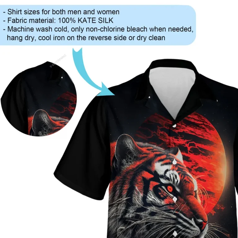 Fierce Tiger Under Blood Moon Men Hawaiian Shirt , Awesome Tiger Pictured Button Down Shirt, Roaring Wildcat Pattern Aloha Clothing