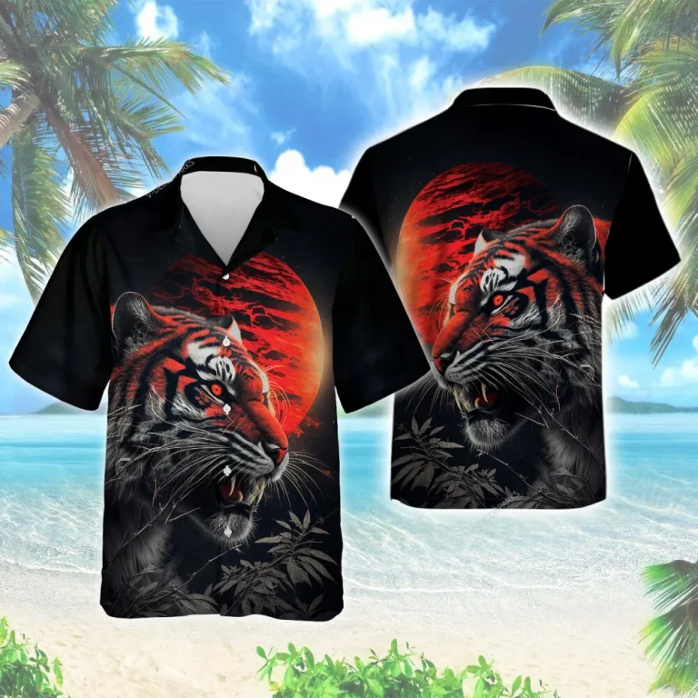 Fierce Tiger Under Blood Moon Men Hawaiian Shirt , Awesome Tiger Pictured Button Down Shirt, Roaring Wildcat Pattern Aloha Clothing