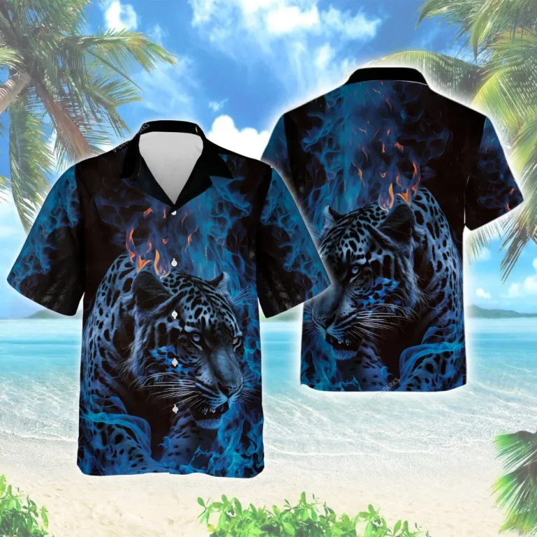 Blue Fire Dotted Tiger Men Hawaiian Shirt, Beautiful Tiger Aloha Beach Button Down Shirts, Natural Animal Printed Top, Couple Clothing