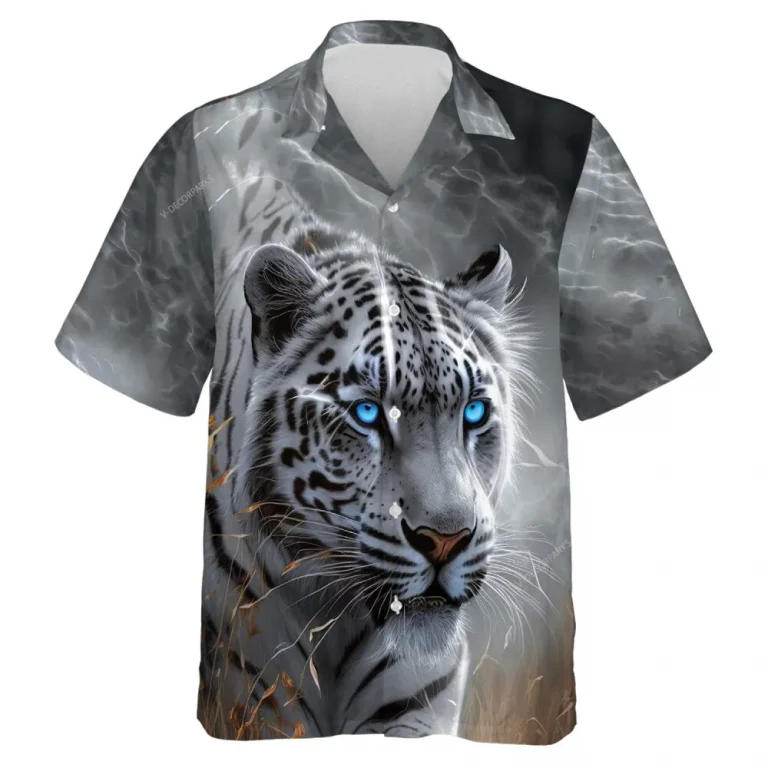 White Tiger Blue Eyed Men Hawaiian Shirt, Tiger Lover Aloha Beach Button Down Shirt, Smoke Pattern Printed Clothing, Casual Men's Wear