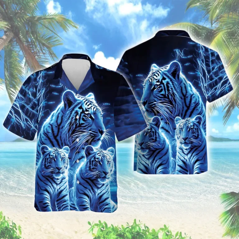 Triple Blue Tiger Men Hawaiian Shirt, Tiger Family Picture Aloha Beach Button Down Shirts, Night Forest Patterned Clothing, Couple Wear