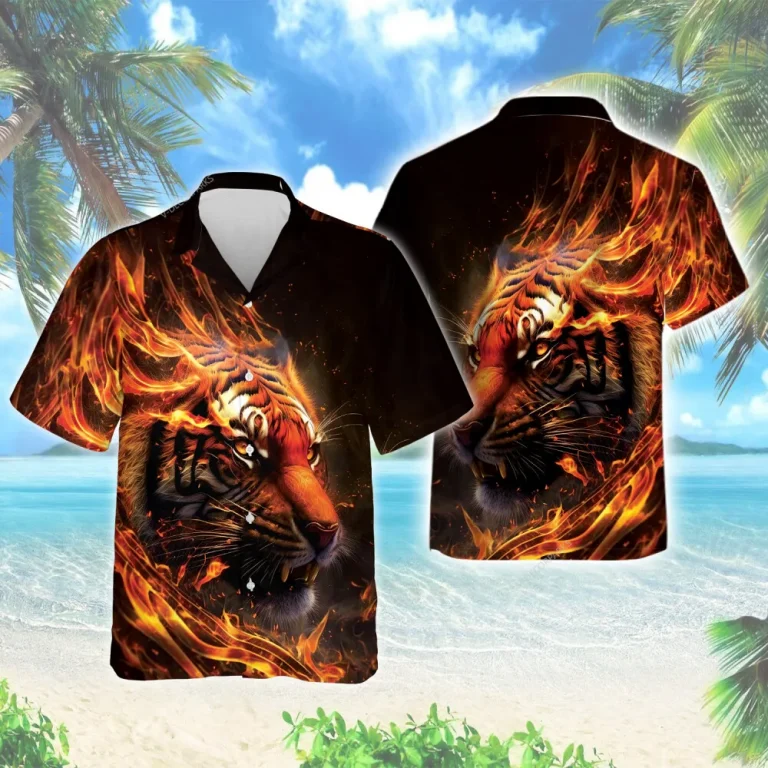 Burning Tiger Unisex Hawaiian Shirt, Tiger Furious Head Aloha Shirt, Strongman Aloha Beach Button Down Top, Wild Animal Lover Gift