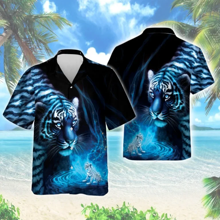 Magical Blue Tigers Men's Hawaiian Shirt, Wild Animal Aloha Beach Button Down Shirt, Toddler Wildcat Pattern Clothing, Natural Life Printed Top