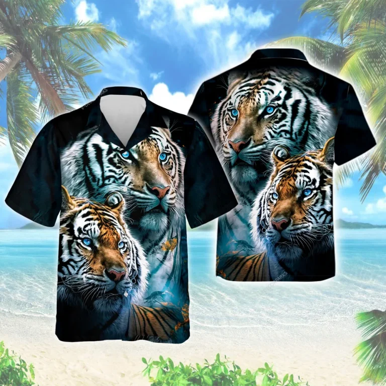 Bengal Tiger Couple Men Hawaiian Shirt, Wildcat Lover Aloha Beach Shirt, Casual Black Button Down Top For Everyone, Family Trip Clothing