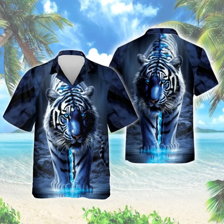 Gorgeous White Tiger With Blue Eye Hawaiian Shirt, Rare Tiger Patterned Summer Beach Button Down Shirt, Unisex Printed Clothing, Animal Lover Top