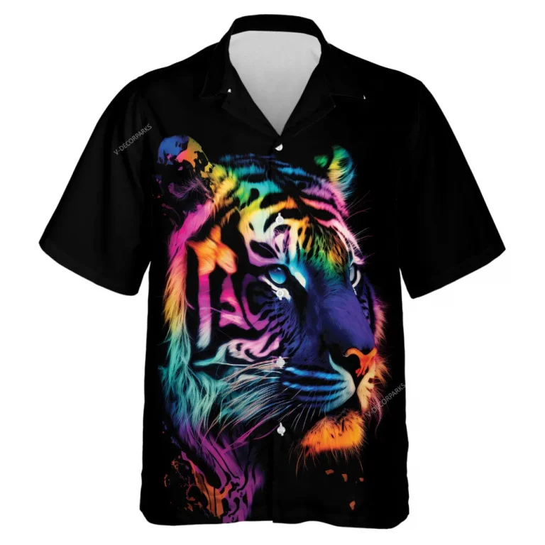 Hologram Tiger Unisex Hawaiian Shirt, Beautiful Neon Tiger Tropical Beach Shirt, Colorful Aloha Printed Top, Everyday Casual Wear, Family Clothing