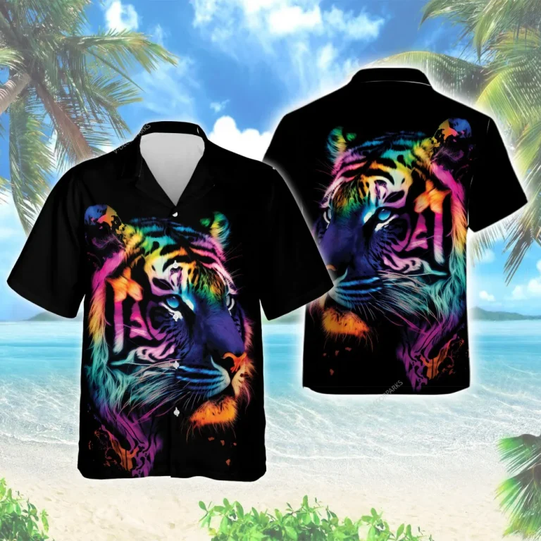 Hologram Tiger Unisex Hawaiian Shirt, Beautiful Neon Tiger Tropical Beach Shirt, Colorful Aloha Printed Top, Everyday Casual Wear, Family Clothing