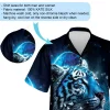 Aesthetic Blue Tiger Men Hawaiian Shirt, Animal Lover Aloha Beach Button Down Shirts, Bright Moonlight Patterned Top, Nature Family Printed Clothing