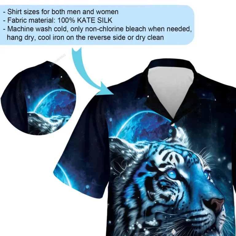 Aesthetic Blue Tiger Men Hawaiian Shirt, Animal Lover Aloha Beach Button Down Shirts, Bright Moonlight Patterned Top, Nature Family Printed Clothing